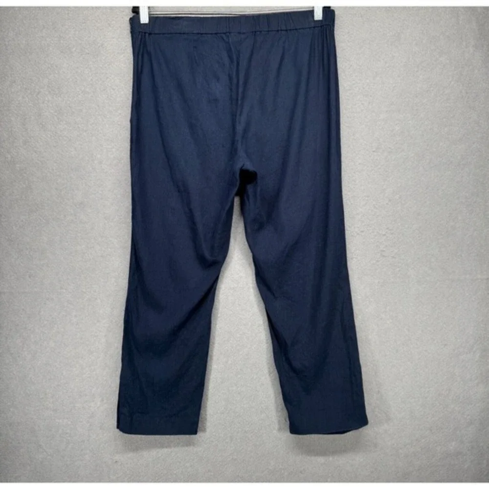 J Jill Pants Women Size M Navy Linen Stretch Button Ankle Capri Coastal Side Zip - Picture 2 of 12